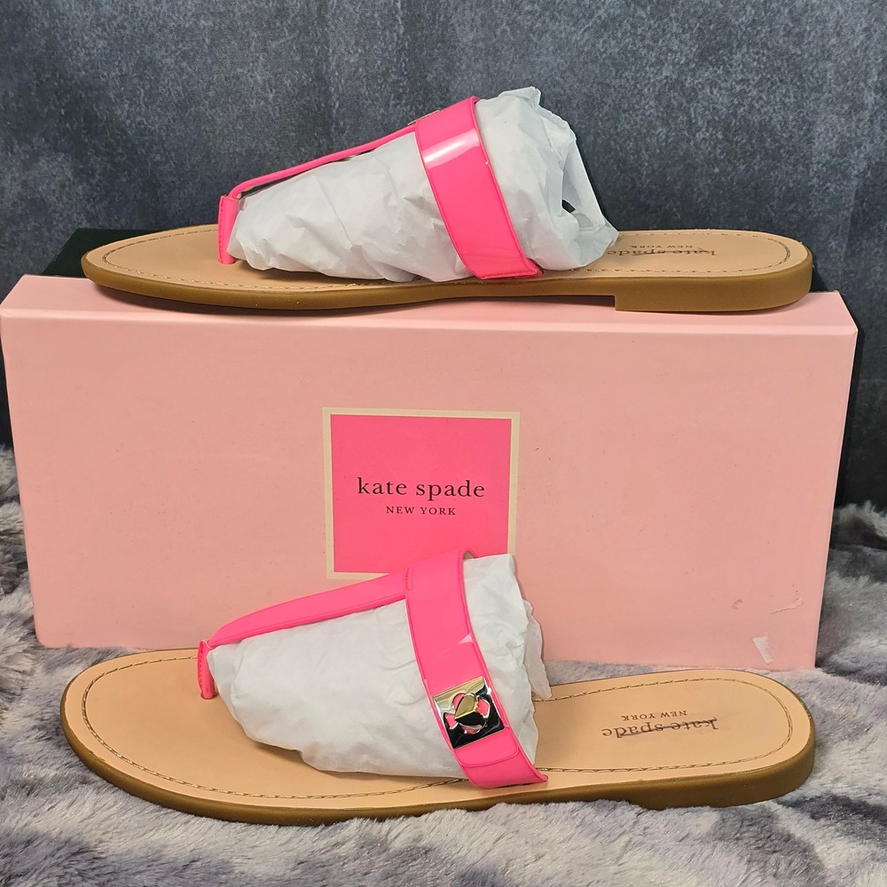 NWB Kate Spade Cyprus Sandals Neon Pink Patent Leather Flat Thong Flip Flops 11